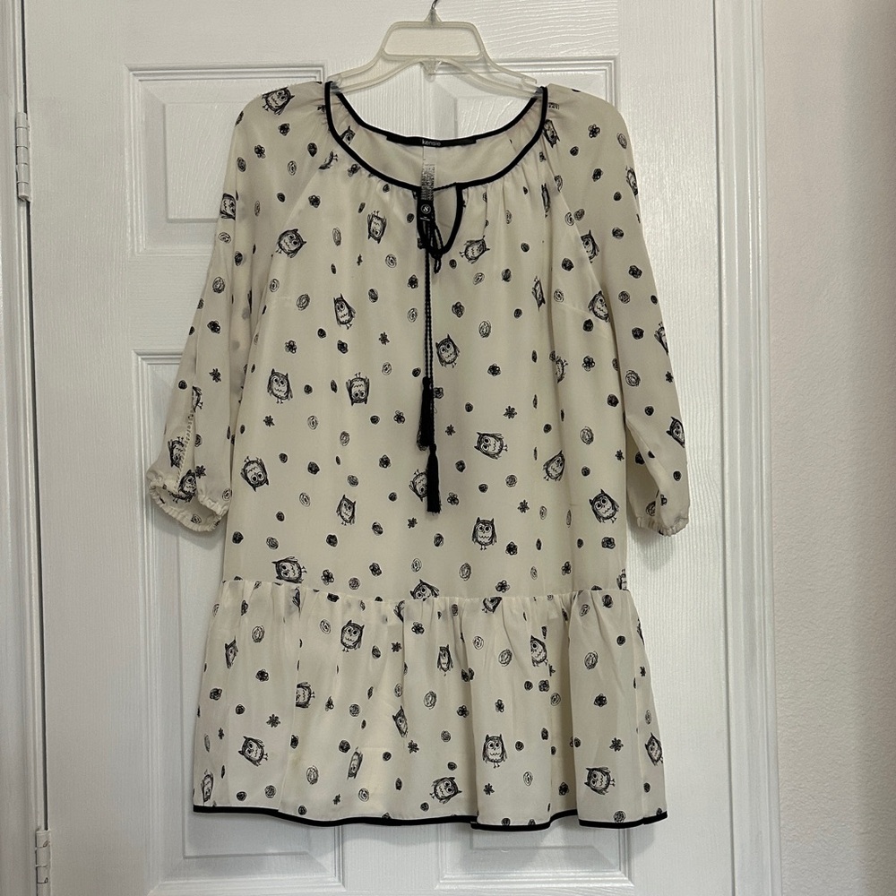 Kensie Cream and Black Long Sleeve Dress with owl pattern